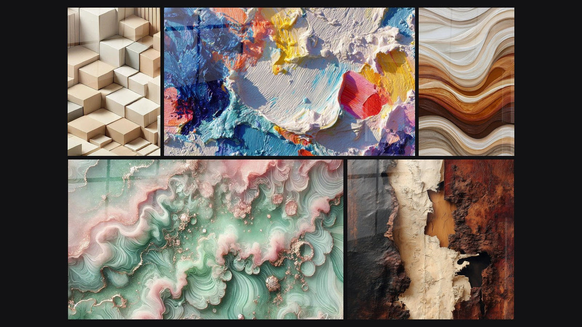 Mosaïque de cinq tableaux, dont Minimalisme Sculpté, Peinture abstraite et Ondulations Fluides Terre et Cuivre