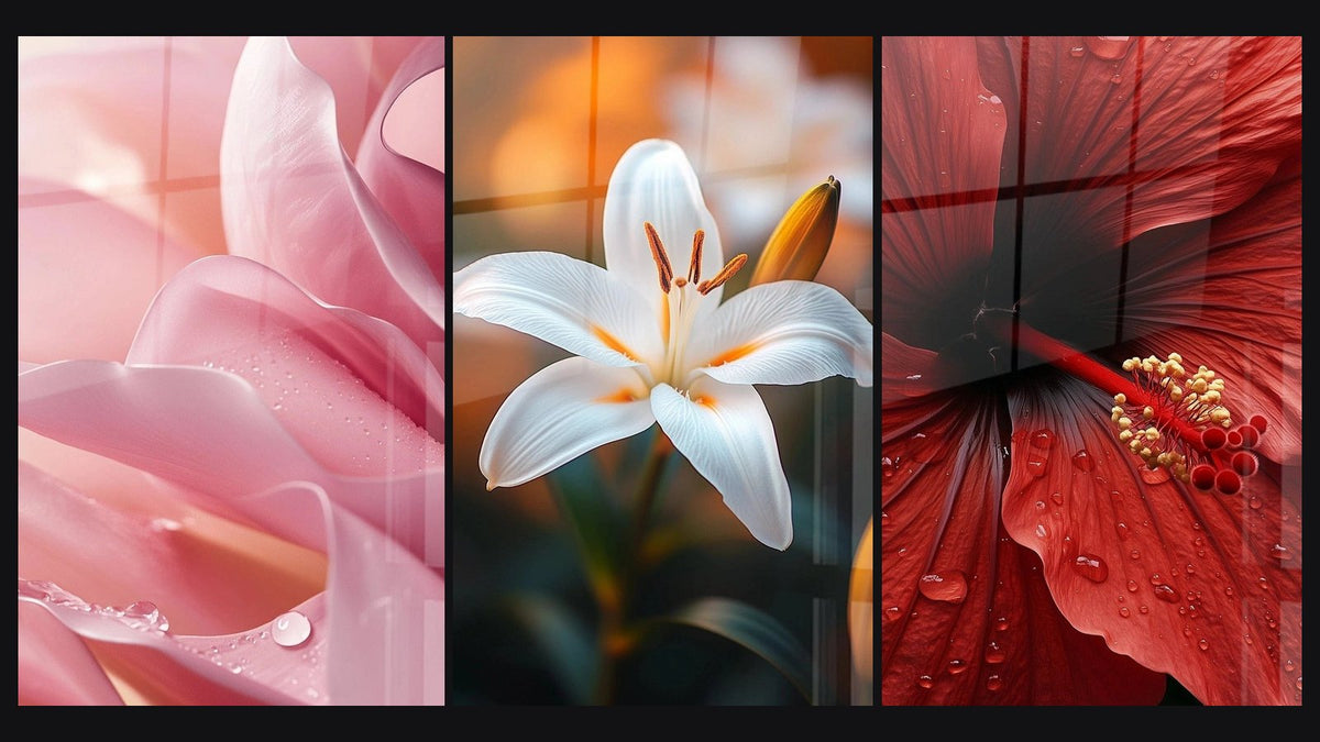 Mosaïque de trois tableaux : Tulipe N°5, Lys N°2 et Hibiscus N°2