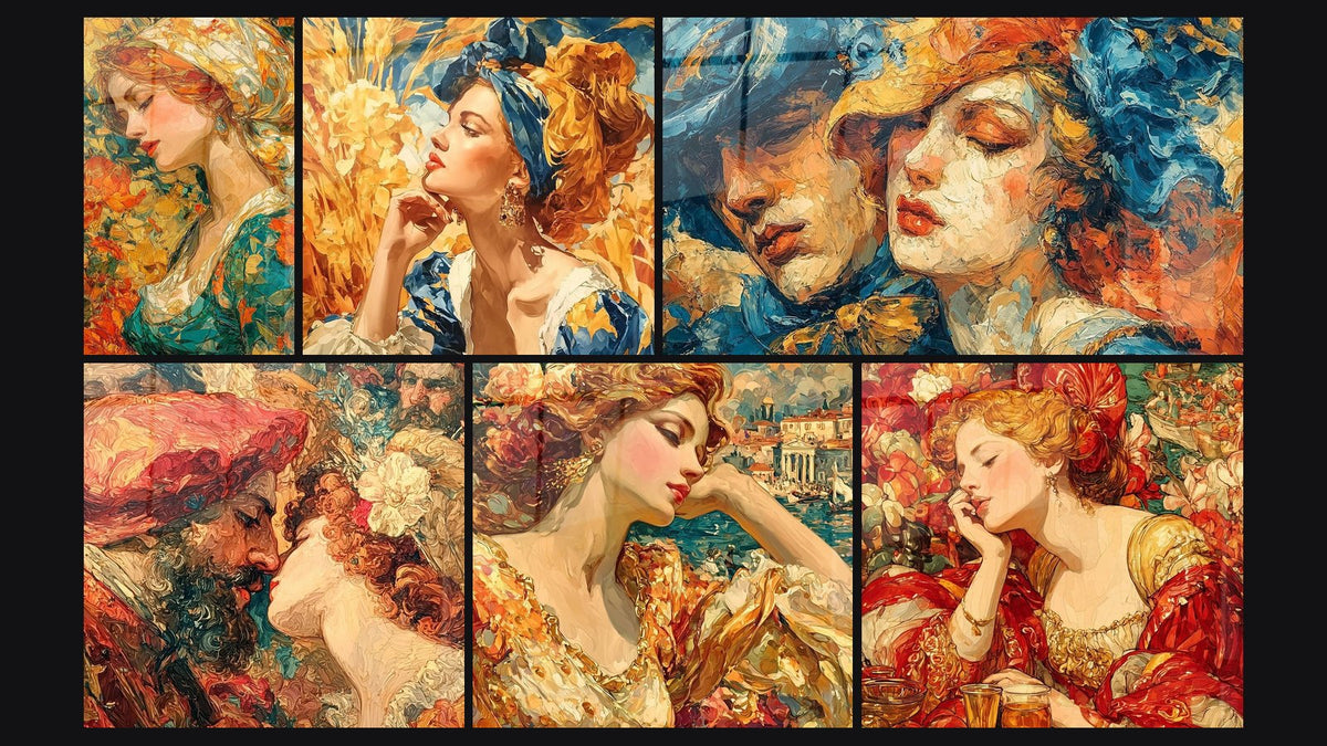 Mosaïque de six tableaux, dont Femme Ocre Vermillon, Femme Déesse Tuscane et Figures sacrées dévotion