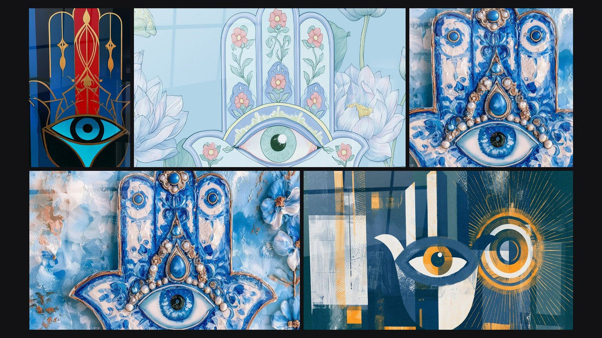 Mosaïque de cinq tableaux, dont Main de fatma bleue à l'œil protecteur