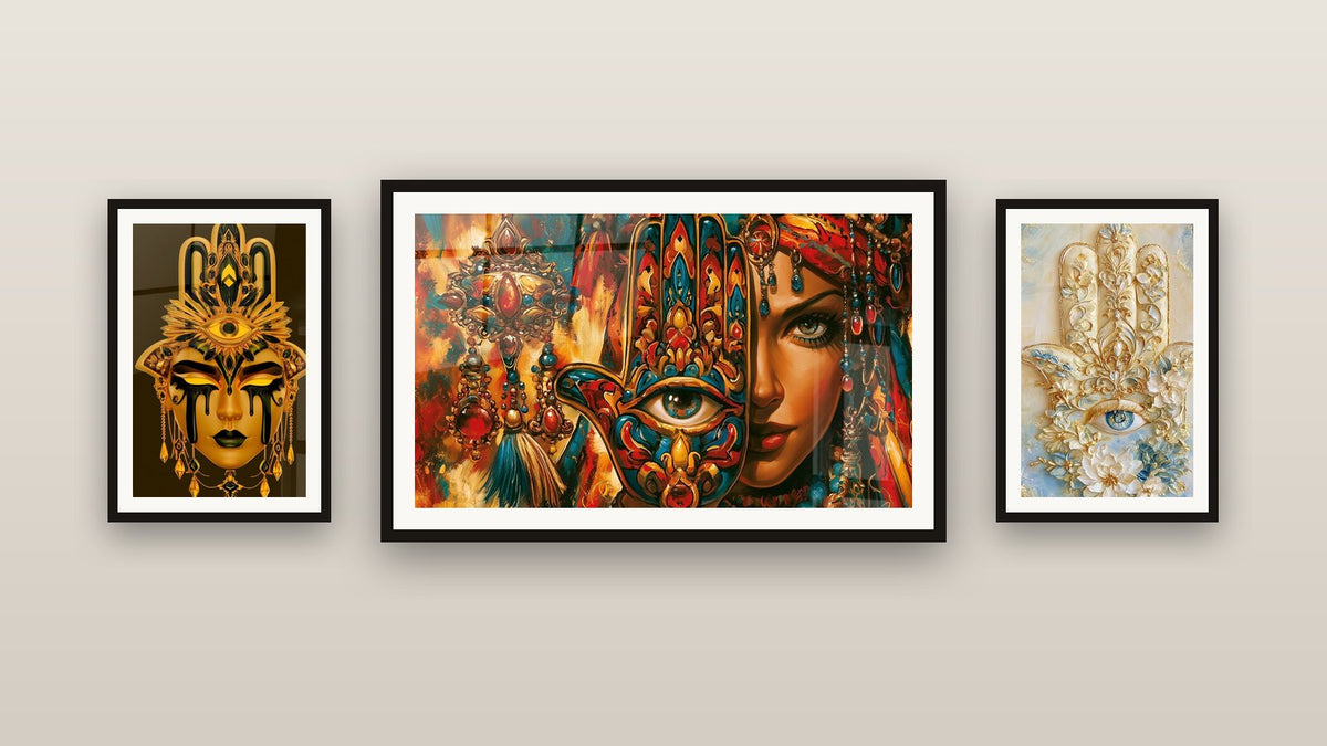 Gallery wall with three framed paintings, including Golden and Blue Decorated Fatima's Hand and Golden Face with Black Tears
