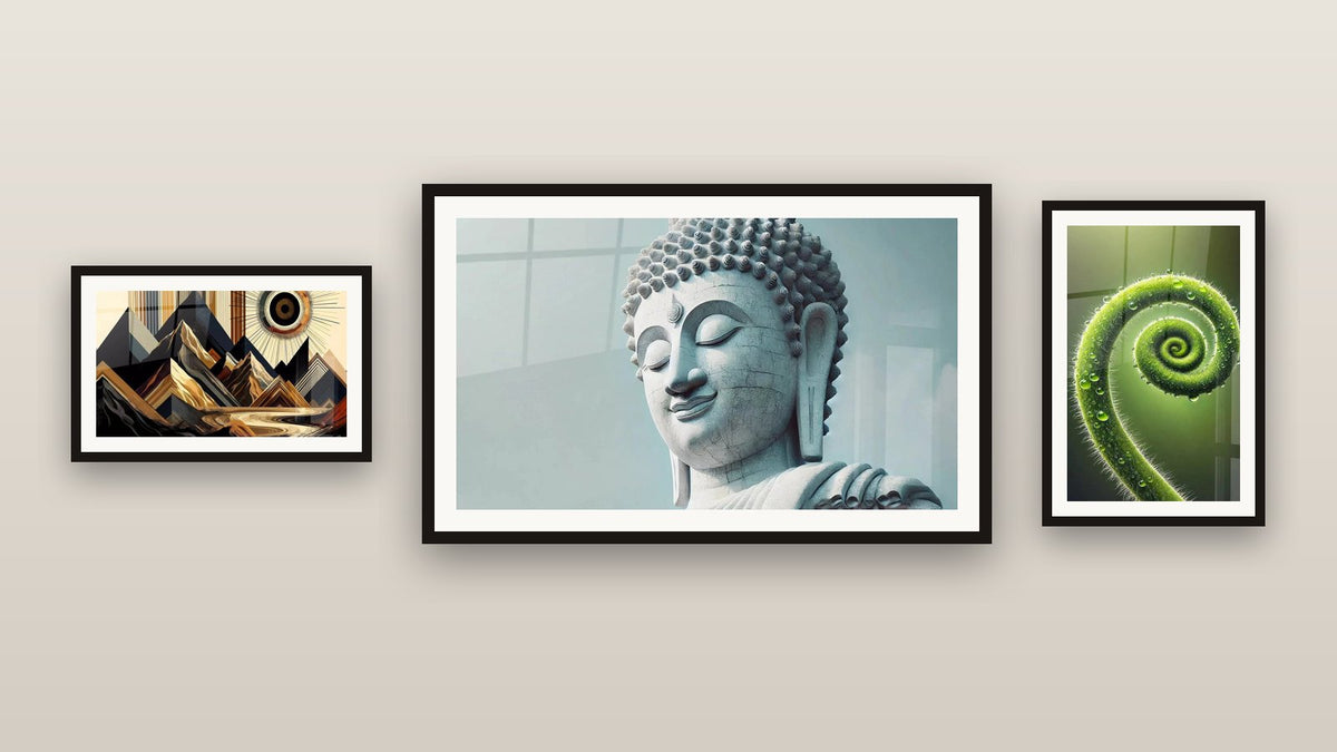 Gallery wall with three framed paintings: Tribal Vision, Divine Tranquility and Spiral of Life