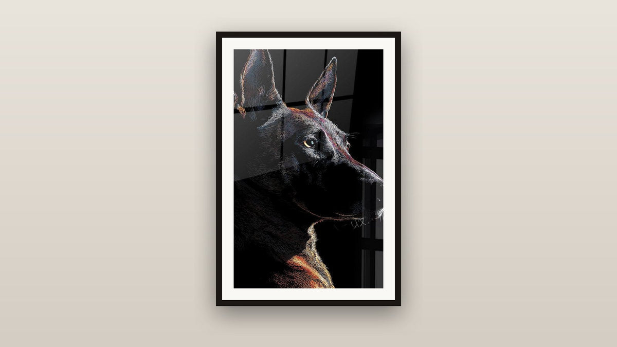 Tableau encadré sur un mur : Portrait de Chien aux Traits Colorés