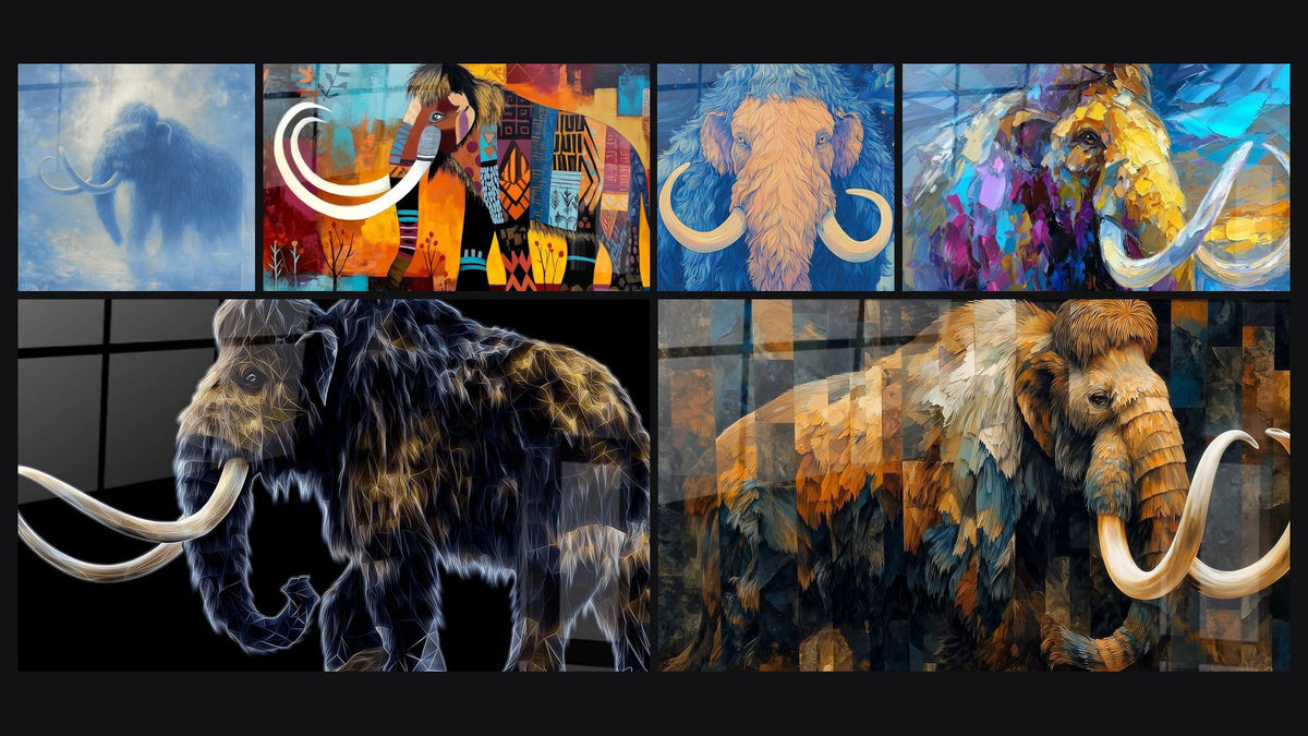 Mosaico de seis cuadros, entre ellos Mamut lanudo azul en la niebla y Mamut lanudo efecto neón