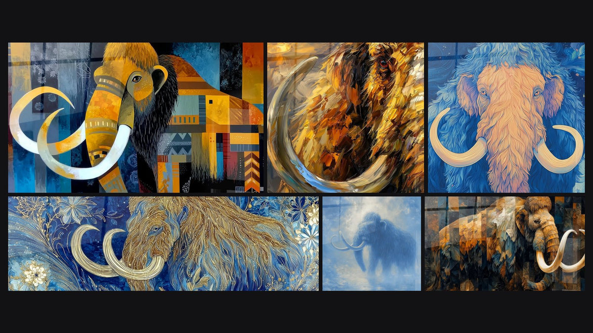 Mosaïque de six tableaux, dont Mammouth laineux géométrique, Mammouth aux défenses courbées et Mammouth Laineux