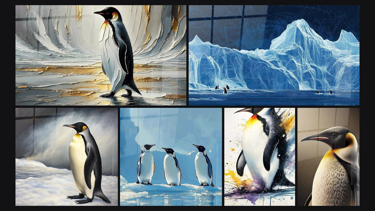Mosaico di sei quadri, tra cui Maestà dei Ghiacci, Pinguino Regno di Cristallo e Pinguino Soffio del Grande Sud