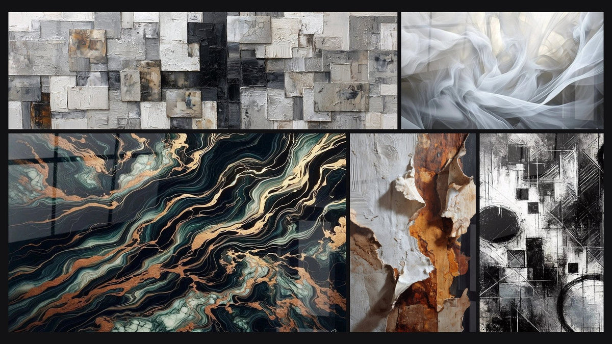 Mosaïque de cinq tableaux, dont Flux Aurifère, Voiles de Lumière et Fragments d’Absolu