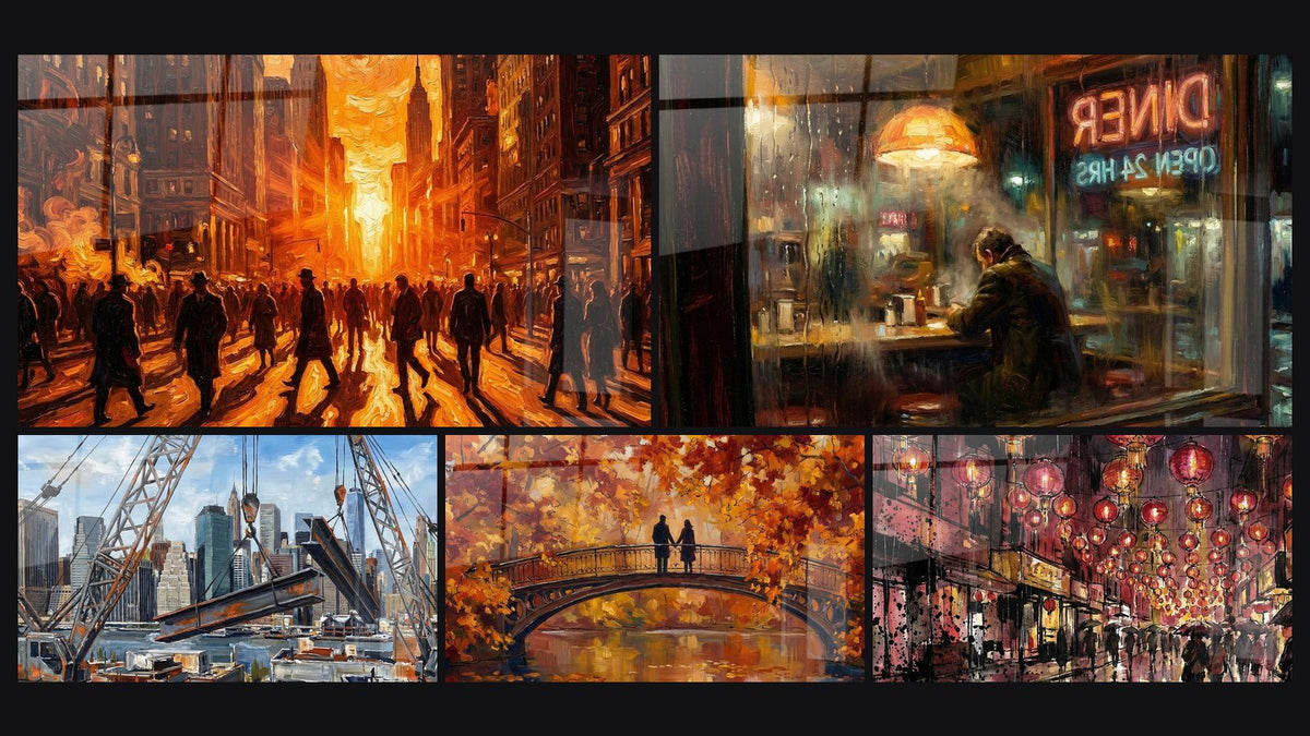 Mosaïque de cinq tableaux, dont Grues de chantier et skyline urbain et Rue animée lanternes rouges sous la pluie