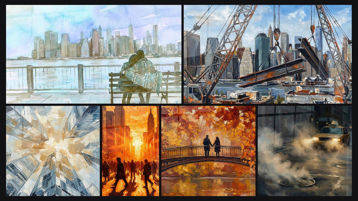 Mosaïque de six tableaux, dont Silhouettes dans lumière dorée urbaine et Grues de chantier et skyline urbain
