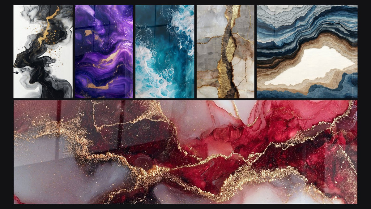 Mosaïque de six tableaux, dont Marbre Violet et Or aux Volutes Dorées et Veines dorées et textures grises beiges