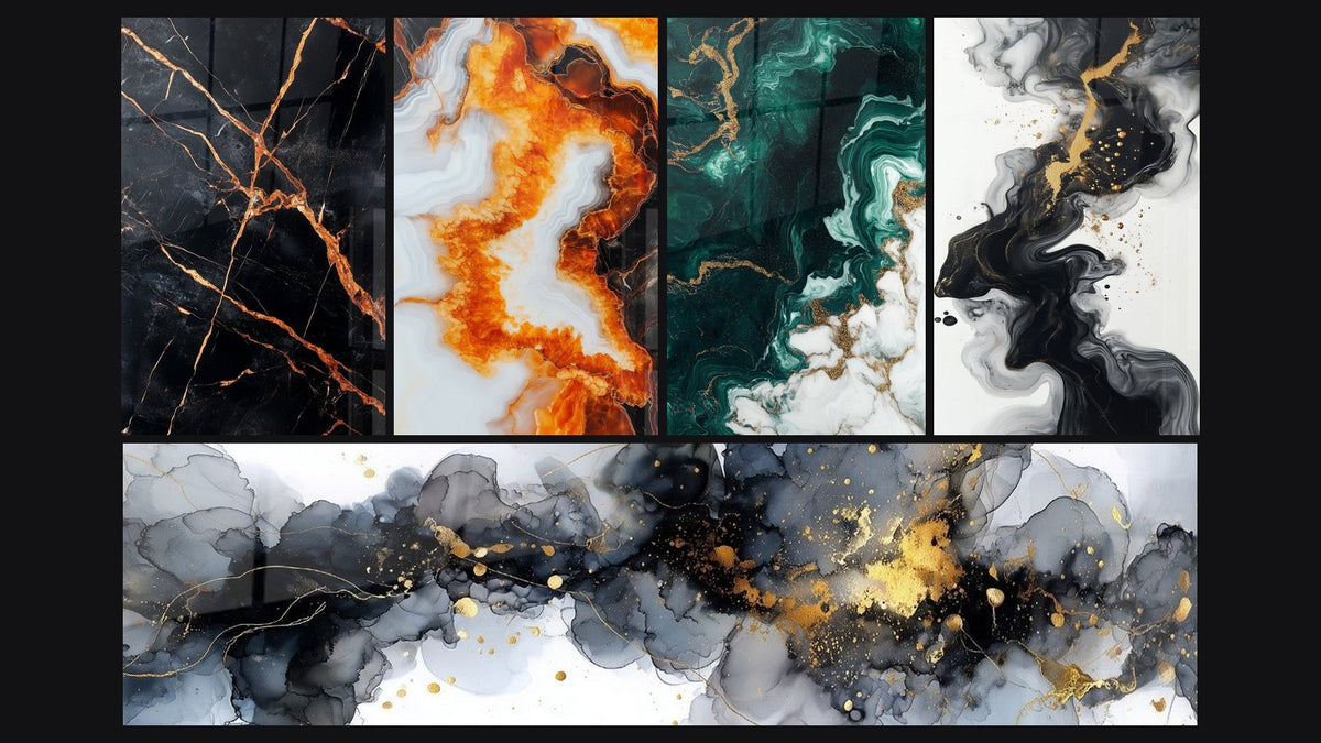 Mosaïque de cinq tableaux, dont Noir aux Veines Dorées et Orange et Tourbillons Orange et Blanc sur Fond Noir