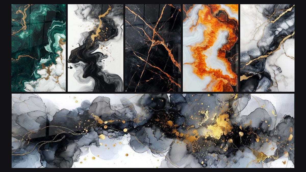 Mosaïque de six tableaux, dont Noir aux Veines Dorées et Orange et Tourbillons Orange et Blanc sur Fond Noir