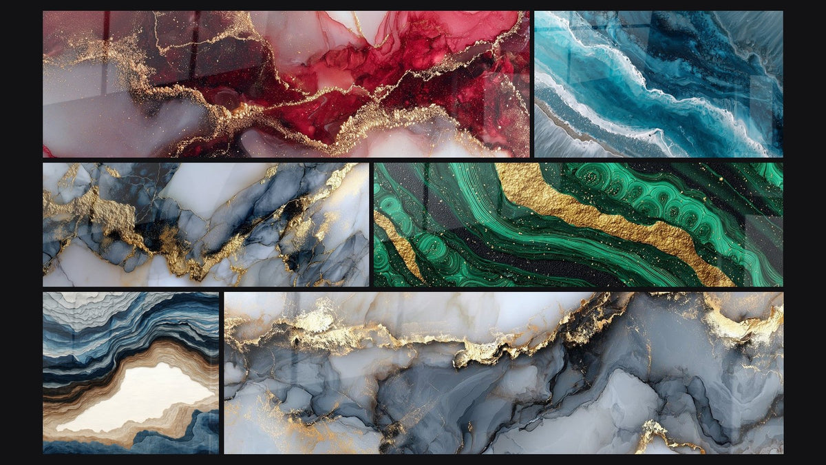 Mosaic of six paintings, including Emerald and Gold Panoramic Flow