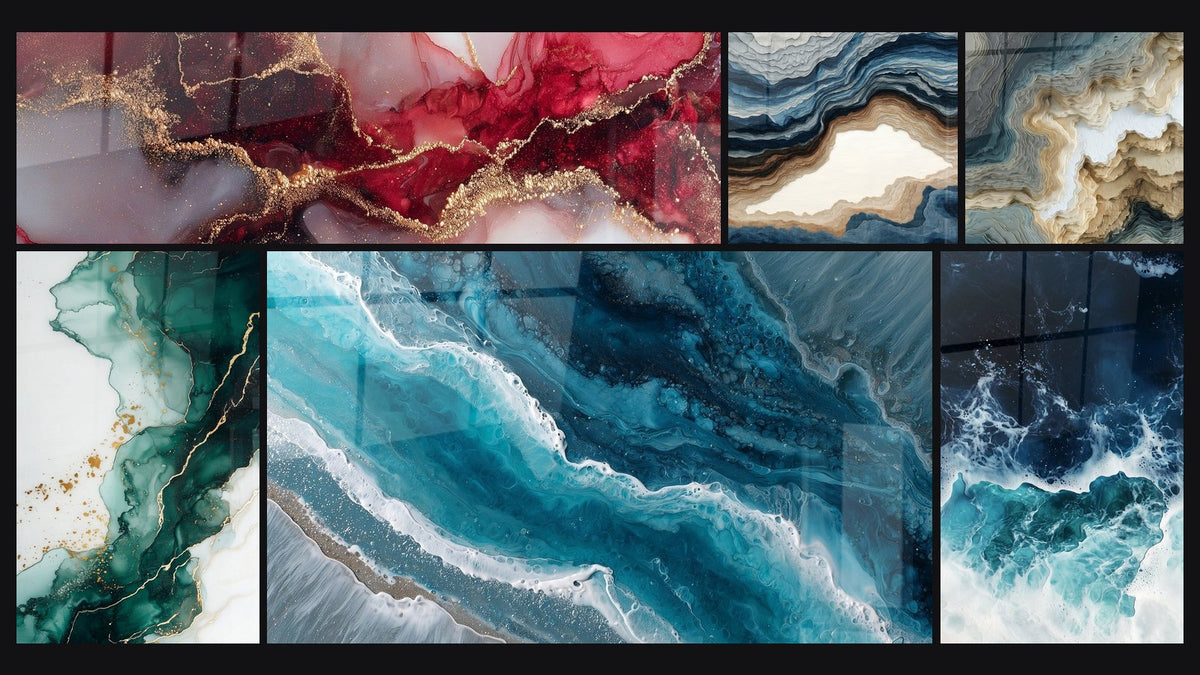 Mosaïque de six tableaux, dont Veines bleu marine et turquoise fluides et Strates Ondulantes Bleu Gris et Beige