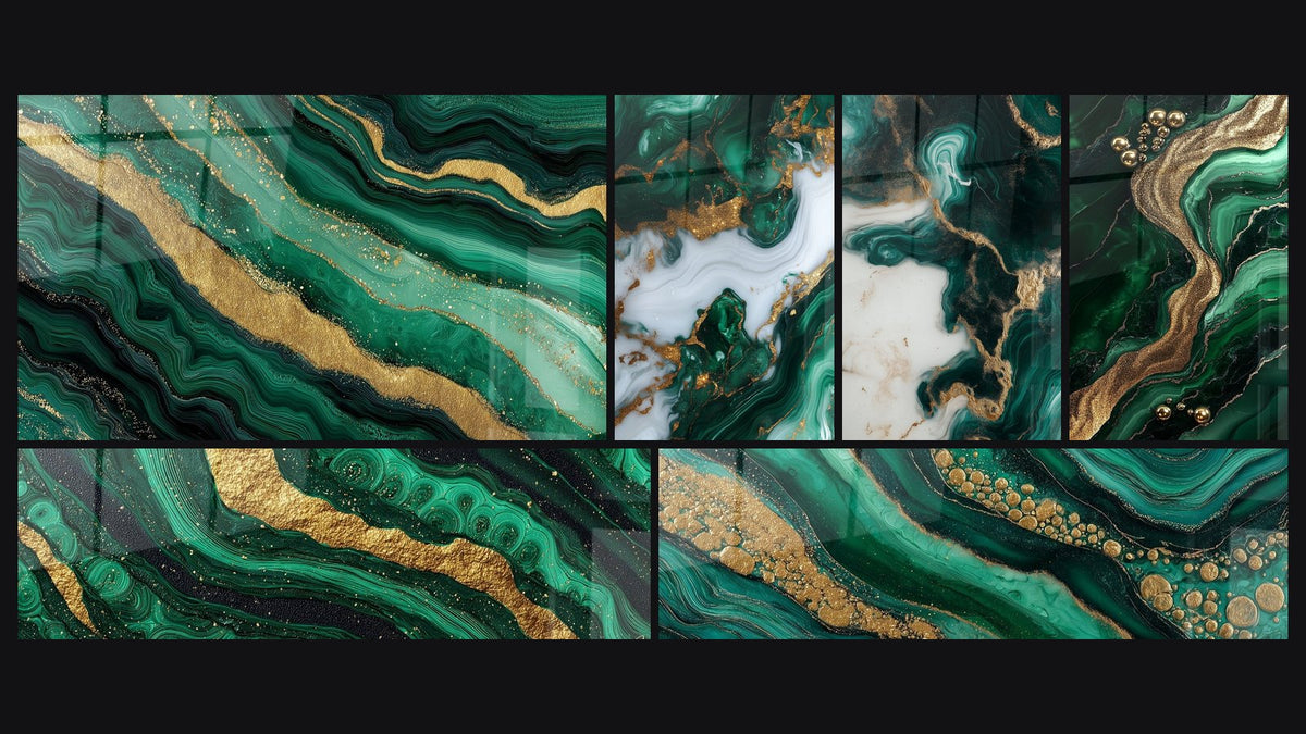Mosaïque de six tableaux, dont Flux émeraude et or panoramique et Fluides Verts et Or avec Bulles Dorées