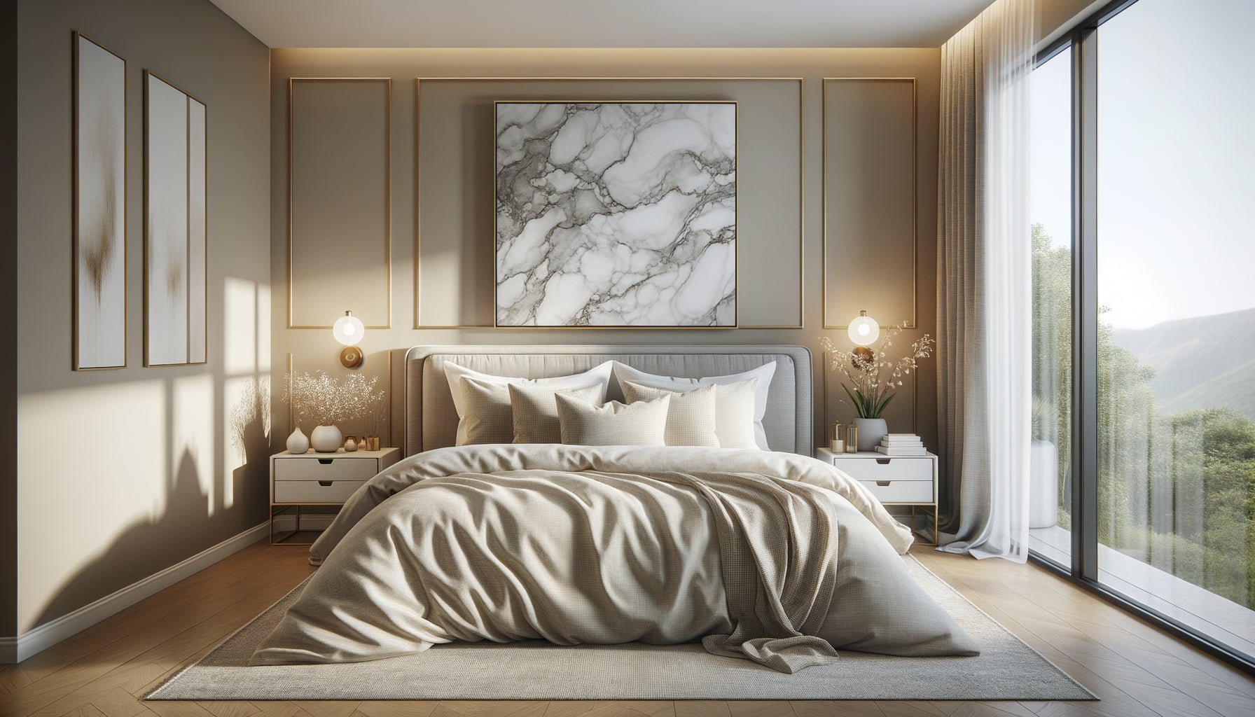 Chambre Airbnb moderne avec tableau de marbre veiné au-dessus du lit, décoration premium abordable