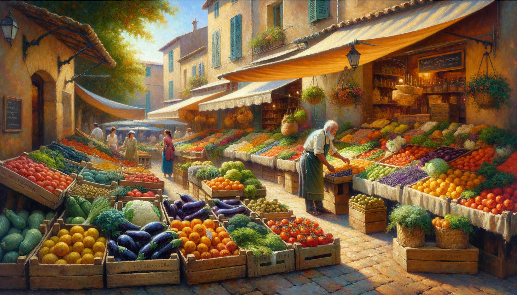 Peinture à l'huile d'un marché méditerranéen traditionnel avec étals colorés de produits frais et marchands authentiques