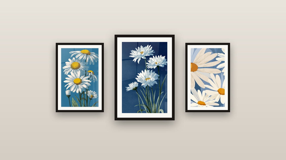 Mur de galerie avec trois tableaux encadrés, dont Marguerites blanches sur fond bleu marine