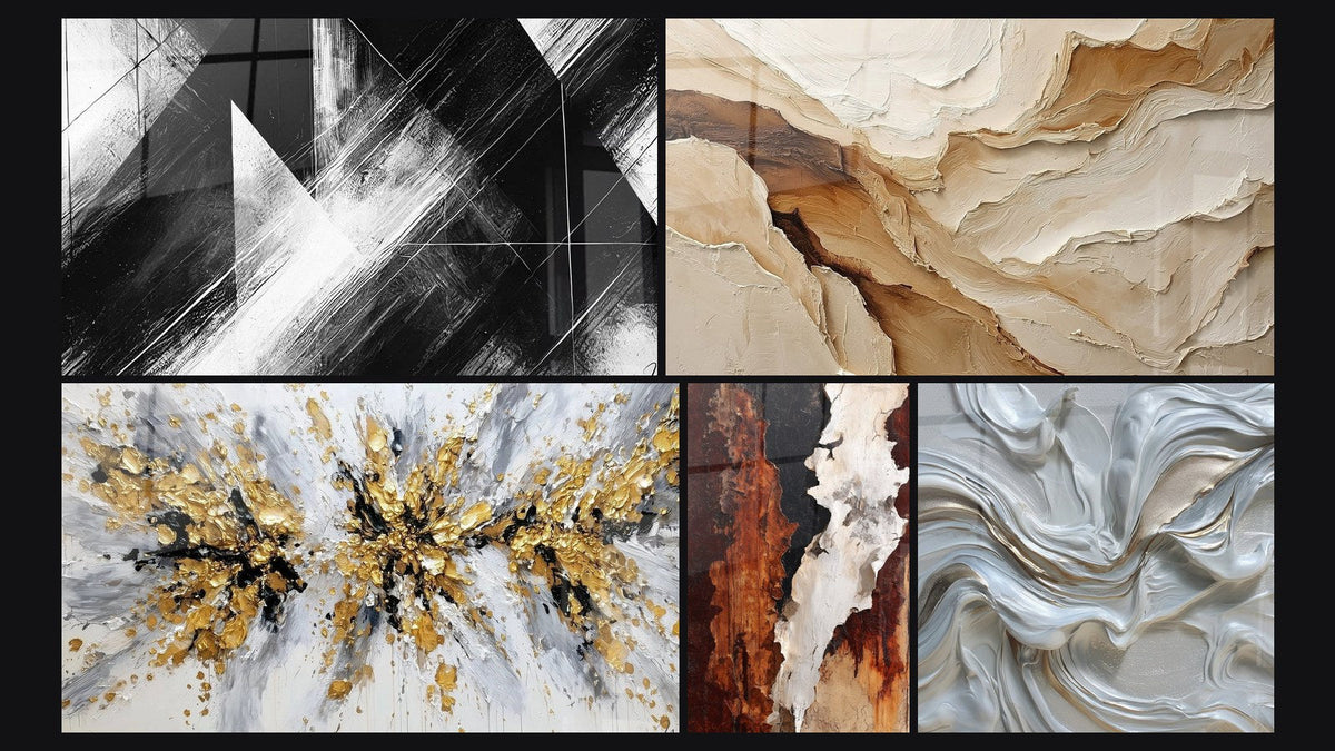 Mosaico di cinque quadri, tra cui Punti di Convergenza, Astratto terra e bianco con colature nere e Astratto Beige e Terra
