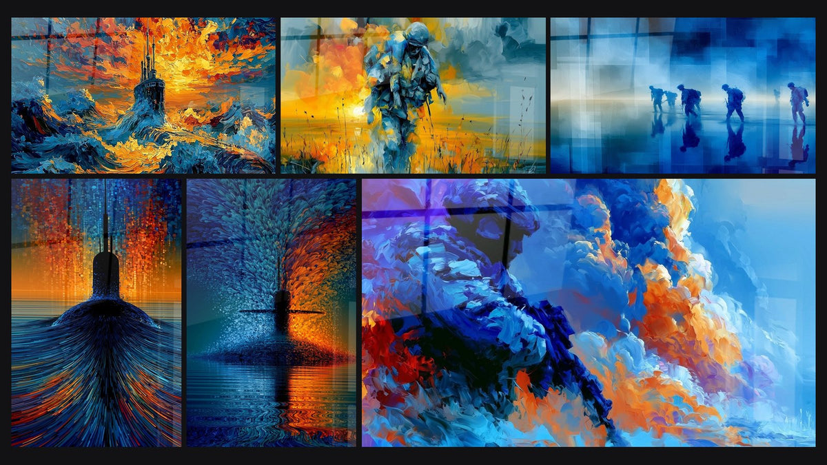 Mosaic of six paintings, including Blue Soldier and Orange Light and Soldiers Navy Blue and Sand Walking