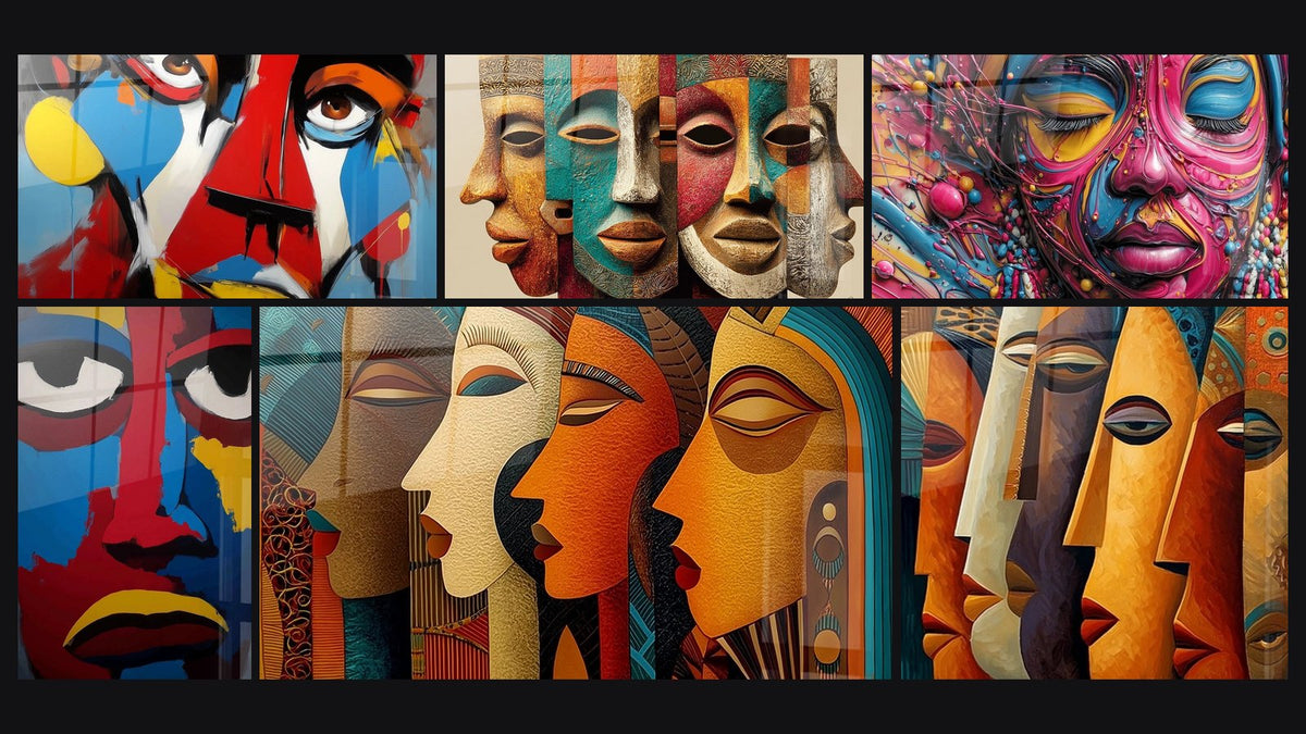 Mosaïque de six tableaux, dont Visage abstrait Masque cérémoniel, Masques Africains Colorés et Visage coloré Sculpteur masaï