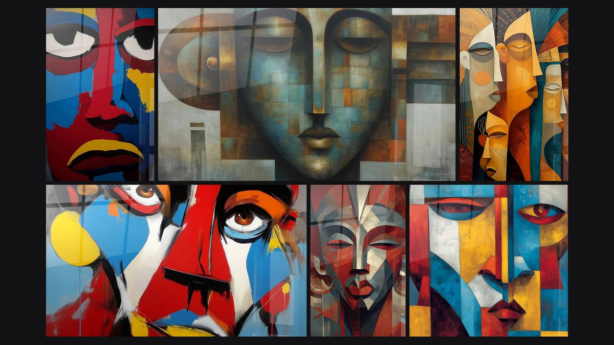 Mosaïque de six tableaux, dont Visage coloré Sculpteur masaï et Visage abstrait Masque cérémoniel