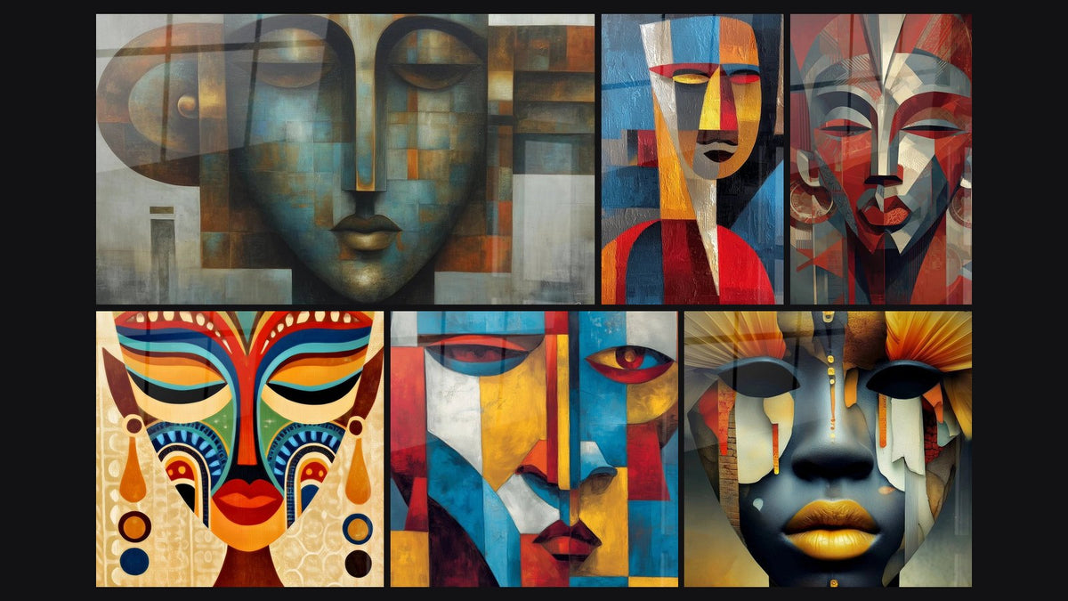 Mosaïque de six tableaux, dont Visage géométrique Sculpture tribale, Masque Artisan du village et Masque chef tribal