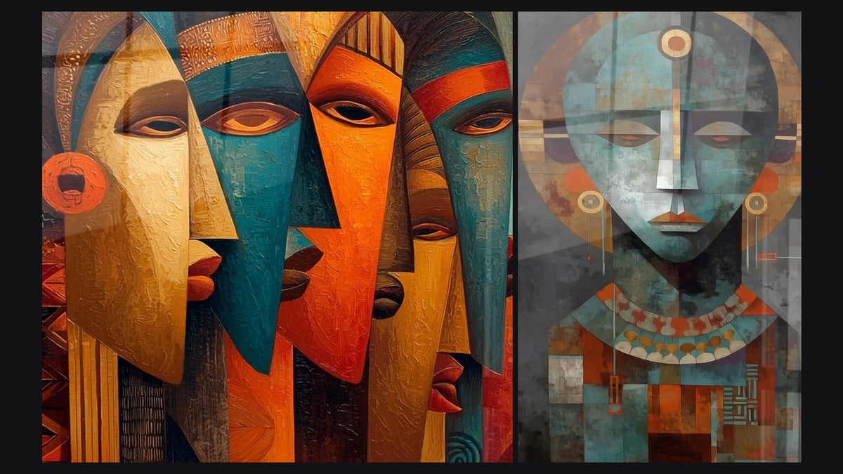 Deux tableaux côte à côte : Masques Africains Abstraits et Masque Architecturé