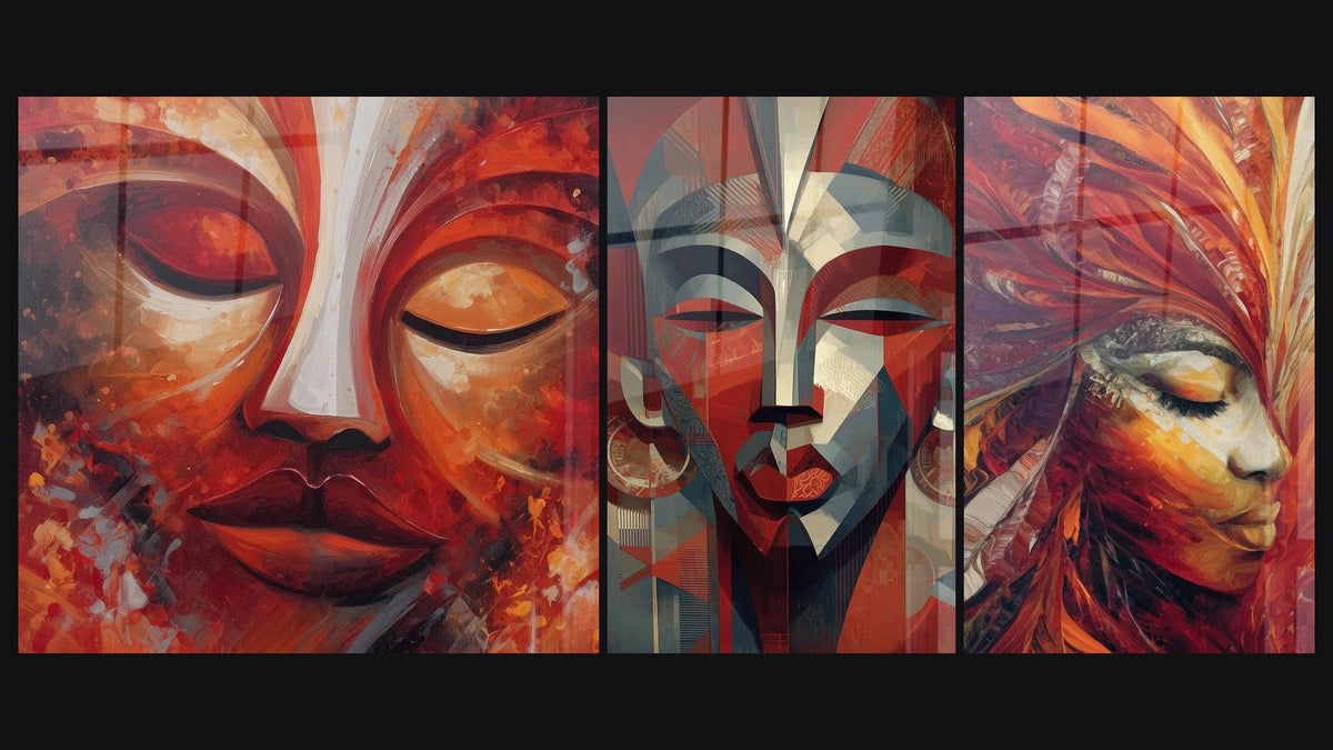 Mosaïque de trois tableaux : Visage Invocation Magique, Visage géométrique Identité culturelle et Visage Guérisseur Tribal