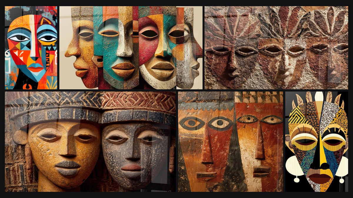 Mosaïque de six tableaux, dont Masque Polychrome Cérémoniel, Masques Africains Colorés et Masques africains ancestraux