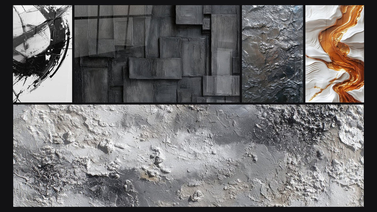 Mosaico de cinco cuadros, entre ellos La Fractura del Tiempo y Textura Abstracta Gris y Plateado Mineral