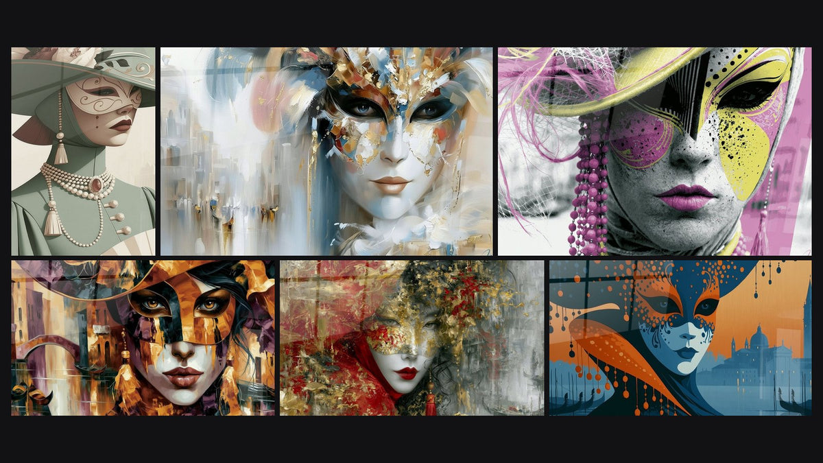 Mosaïque de six tableaux, dont Femme masquée vert sauge et perles et Visage blanc et doré aux éclats bleutés
