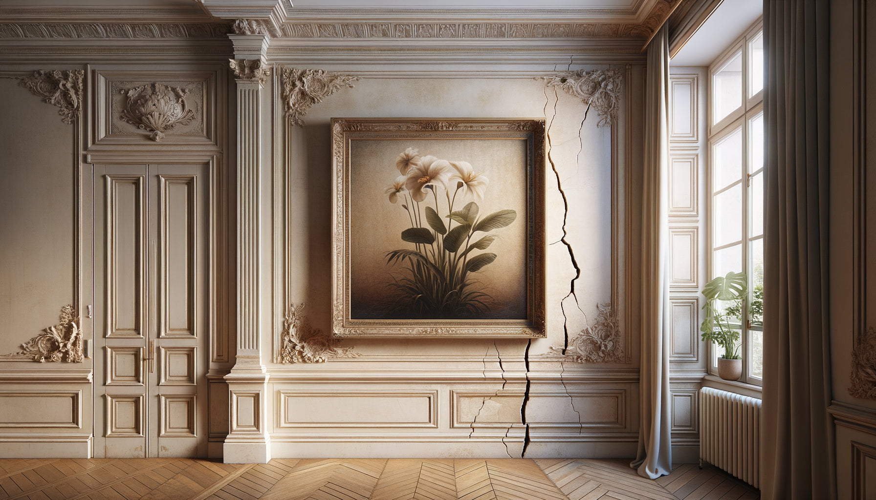 Grand tableau botanique dissimulant élégamment une fissure murale dans un appartement ancien aux murs patinés