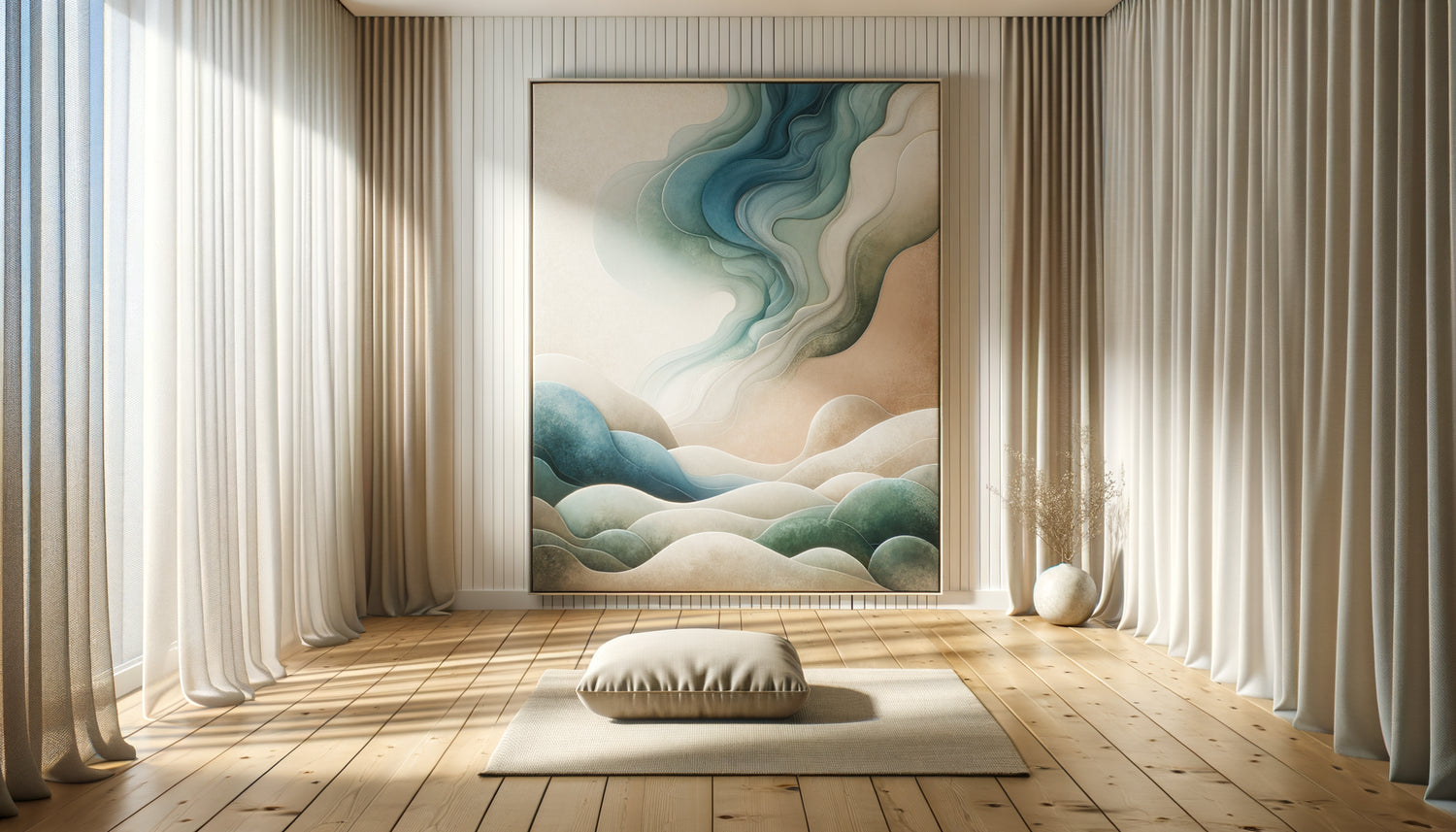 Tableau abstrait aux tons bleus apaisants dans une salle de méditation minimaliste contemporaine avec coussin zen