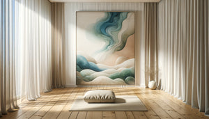 Tableau abstrait aux tons bleus apaisants dans une salle de méditation minimaliste contemporaine avec coussin zen