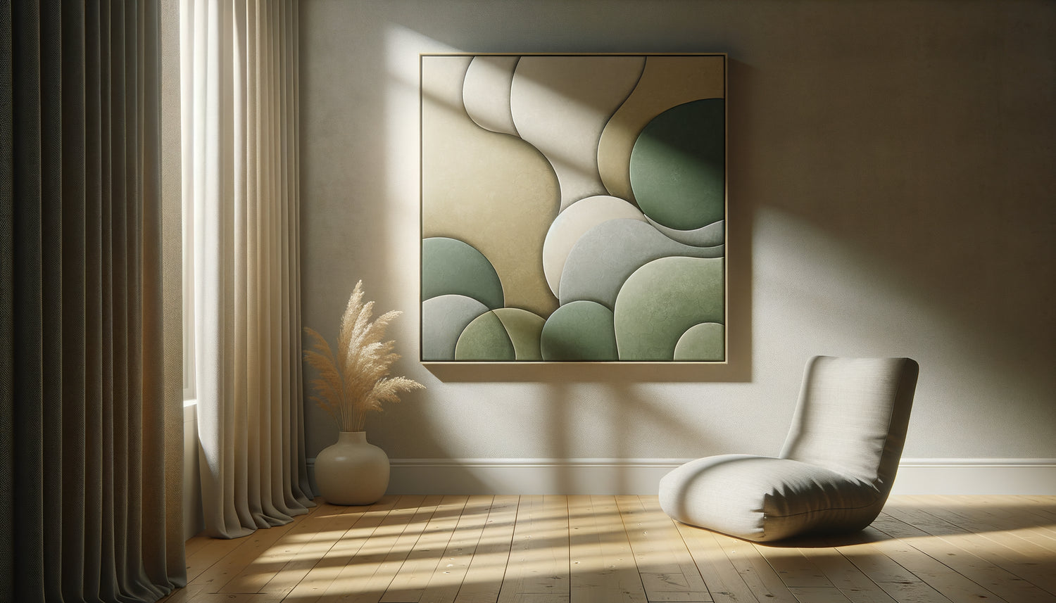 Tableau minimaliste aux tons apaisants dans un espace de méditation matinal avec lumière douce