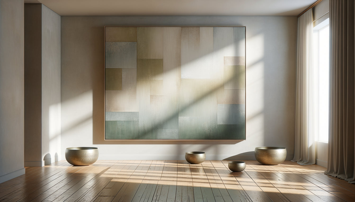 Tableau minimaliste géométrique monochrome dans salle de méditation sonore avec bols tibétains, composition horizontale apaisante