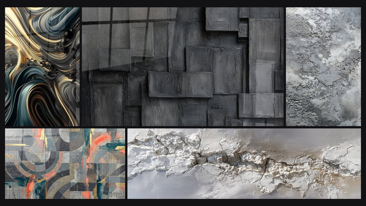Mosaïque de cinq tableaux, dont Ondulations Opulentes et Cercles gris et corail entrelacés