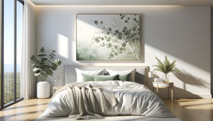Tableau botanique eucalyptus et menthe dans chambre Airbnb wellness ambiance spa contemporaine