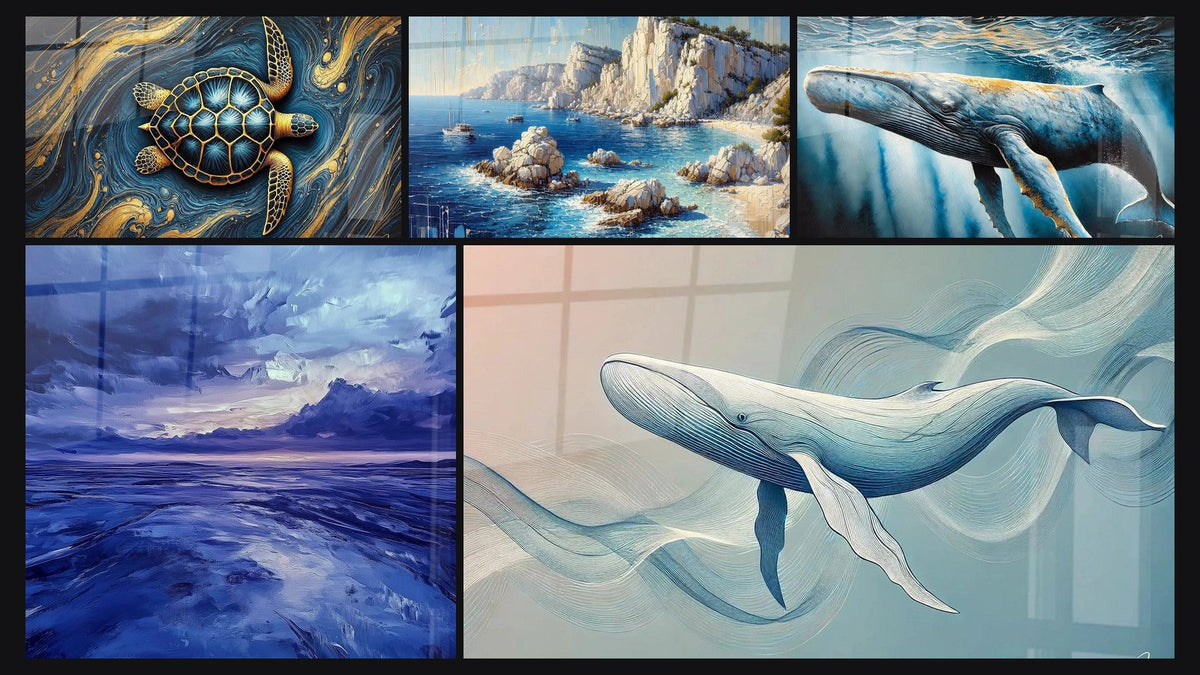 Mosaïque de cinq tableaux, dont Garde des Océans, Tempête Apaisée et Rêverie Côtière
