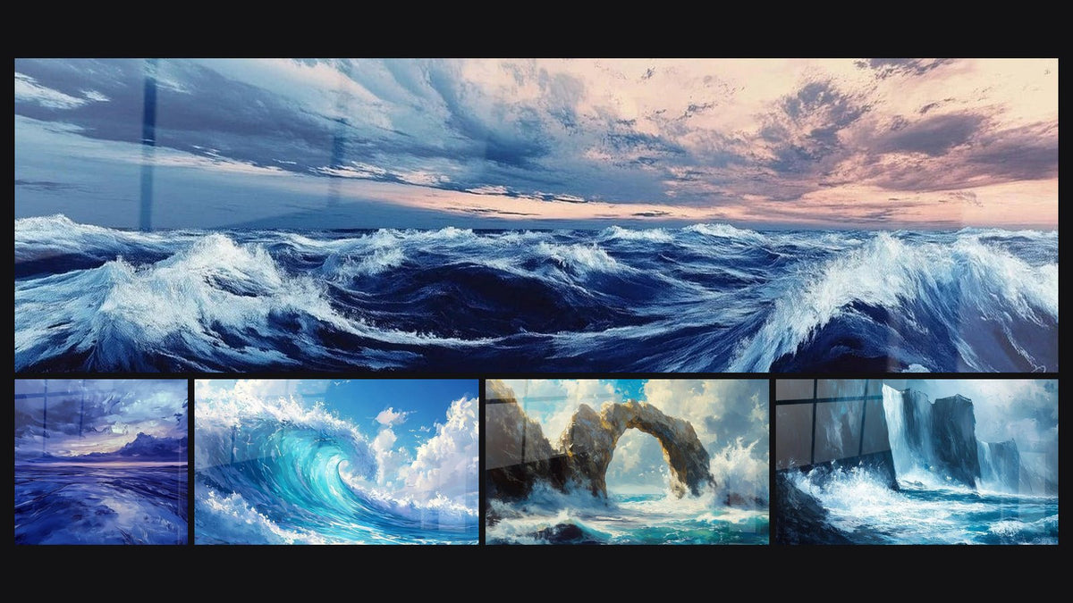 Mosaico di cinque quadri, tra cui Onde Agitate, Tempesta Pacificata e Spirale Oceanica