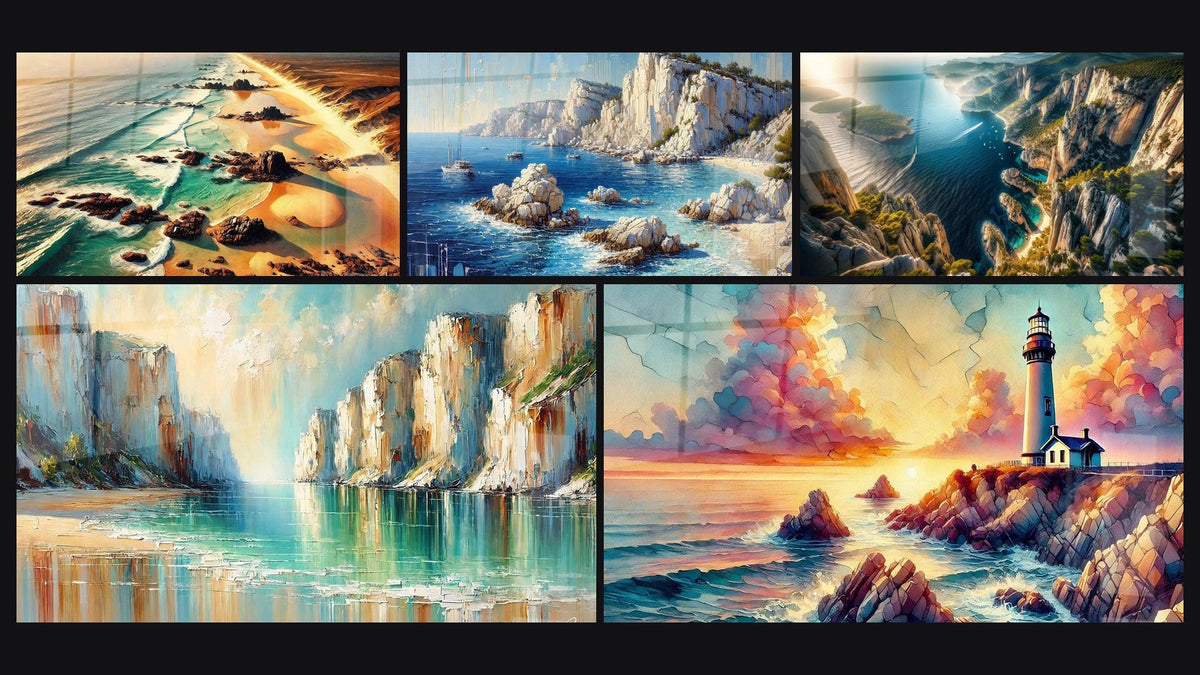 Mosaïque de cinq tableaux, dont Dunes et Vagues, Plage des Rêves et Rêverie Côtière