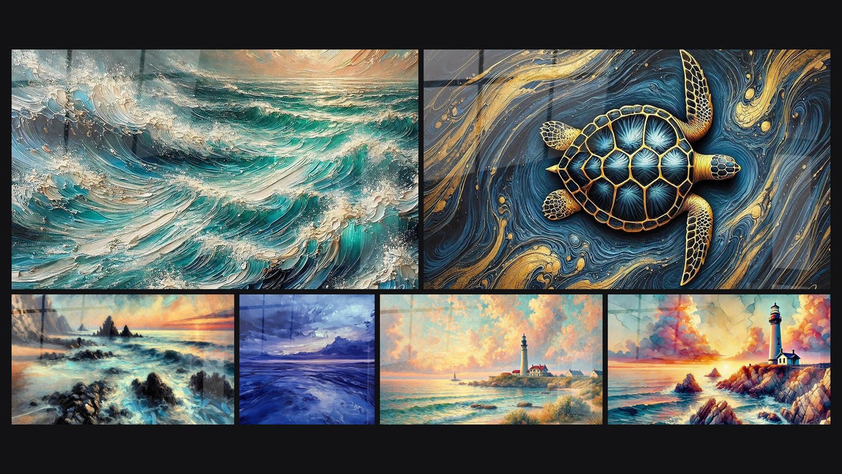 Mosaik aus sechs Gemälden, darunter Ungezähmte Fluten, Aquatische Energie und Ozeanwächter