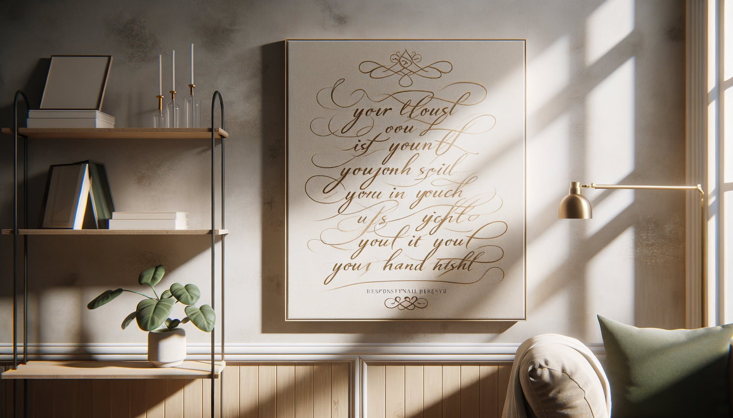 Tableau contemporain avec message inspirant dans un intérieur moderne minimaliste aux tons neutres et chaleureux