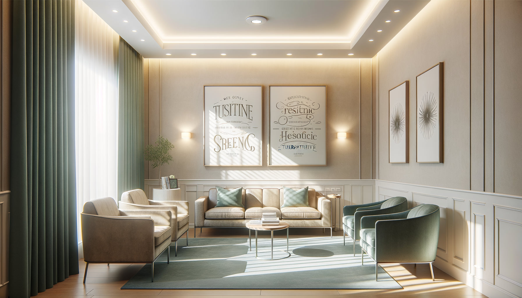 Tableau avec message positif accroché dans un cabinet médical moderne aux tons apaisants et accueillants