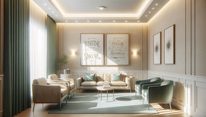 Tableau avec message positif accroché dans un cabinet médical moderne aux tons apaisants et accueillants