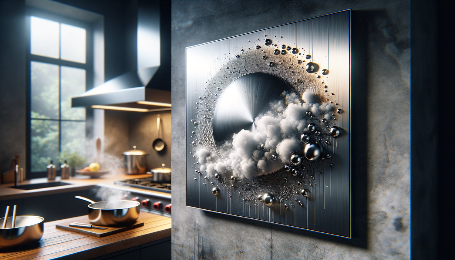 Tableau métallique avec finition protectrice anti-odeurs monté dans une cuisine moderne avec vapeurs de cuisson