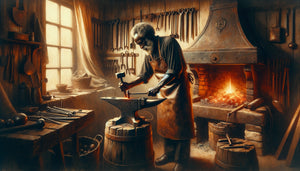 Peinture réaliste années 1950 représentant un artisan forgeron au travail dans son atelier traditionnel authentique