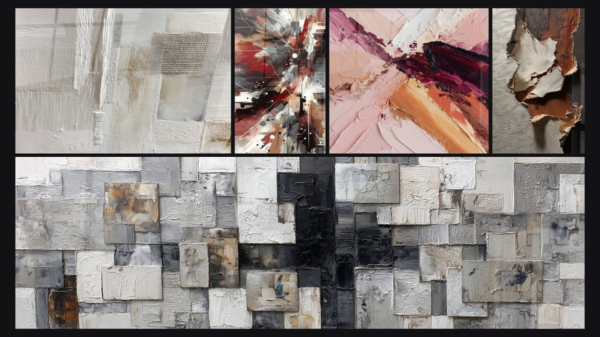 Mosaico de cinco cuadros, entre ellos Ruido Dinámico Explosivo