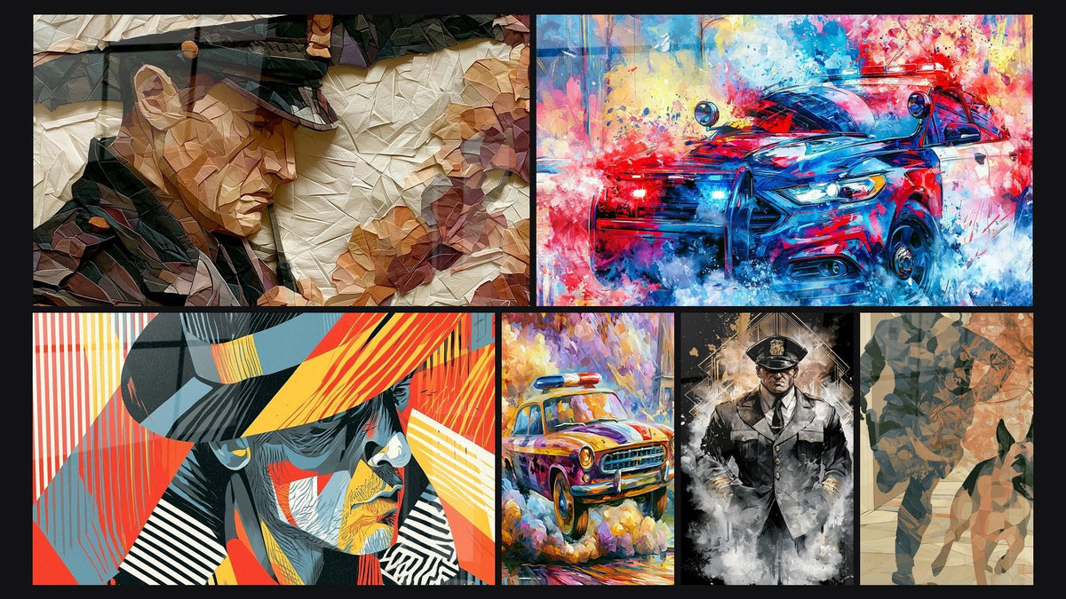 Mosaïque de six tableaux, dont Officier casquette ocre et bordeaux fleuri et Voiture de police bleue et rouge éclatante